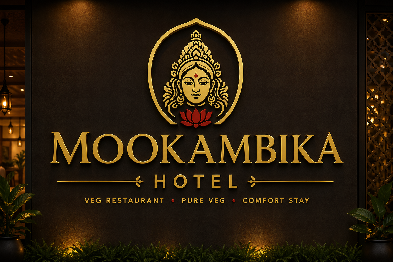 Mookambika Hotel entrance sign with gold temple-inspired branding in Kollur